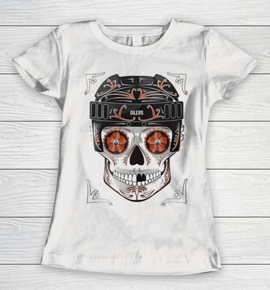 Nhl Edmonton Oilers Skull Dia De Los Muertos Hockey Logo Women T-Shirt