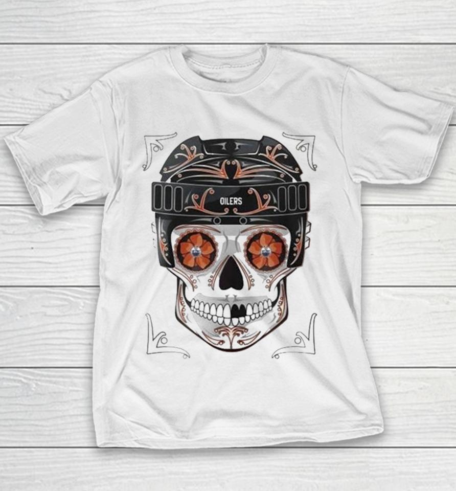 Nhl Edmonton Oilers Skull Dia De Los Muertos Hockey Logo Youth T-Shirt