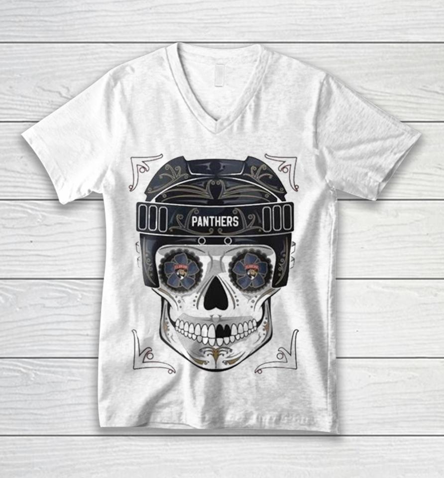 Nhl Florida Panthers Skull Dia De Los Muertos Hockey Logo Unisex V-Neck T-Shirt