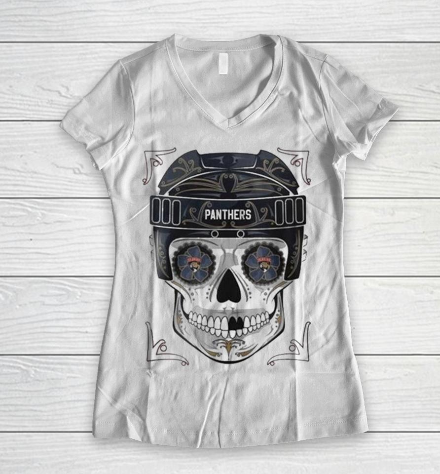 Nhl Florida Panthers Skull Dia De Los Muertos Hockey Logo Women V-Neck T-Shirt
