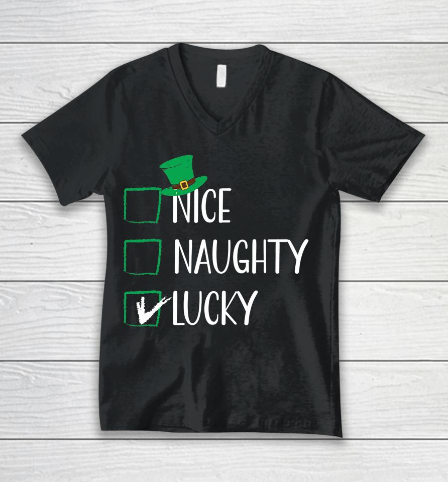 Nice Naughty Lucky St Patricks Shamrock Irish List Unisex V-Neck T-Shirt