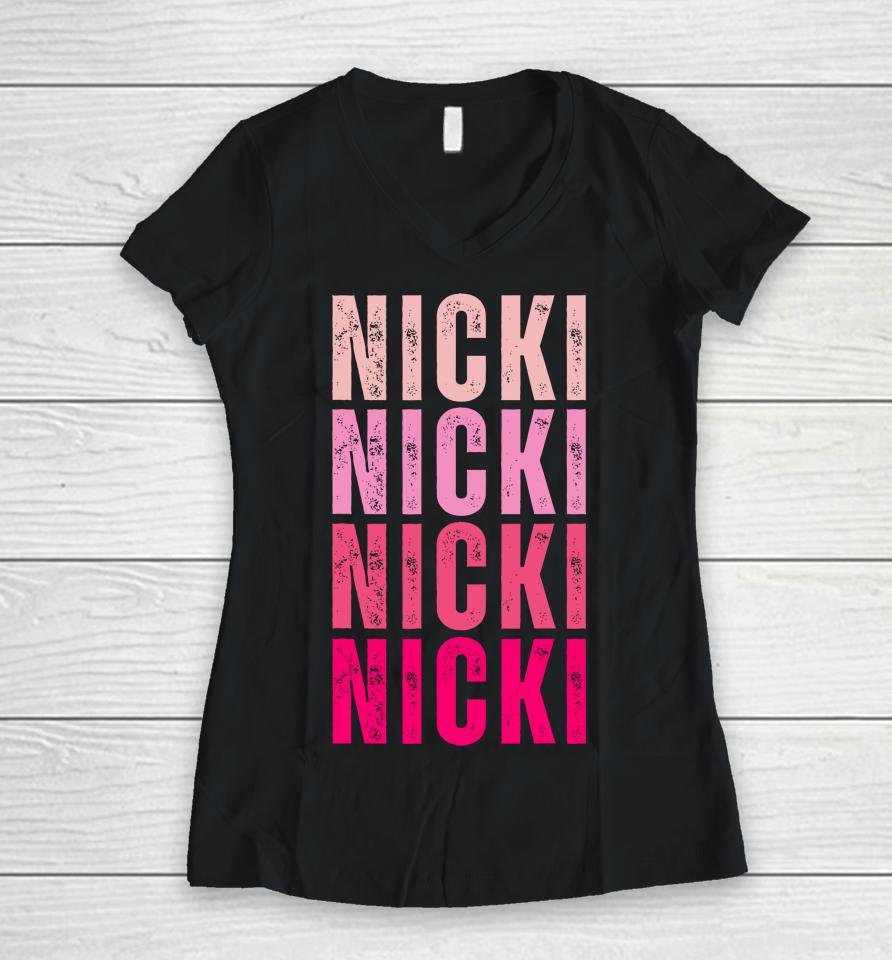 Nicki I Love Nicki Vintage Personalized Name Women V-Neck T-Shirt