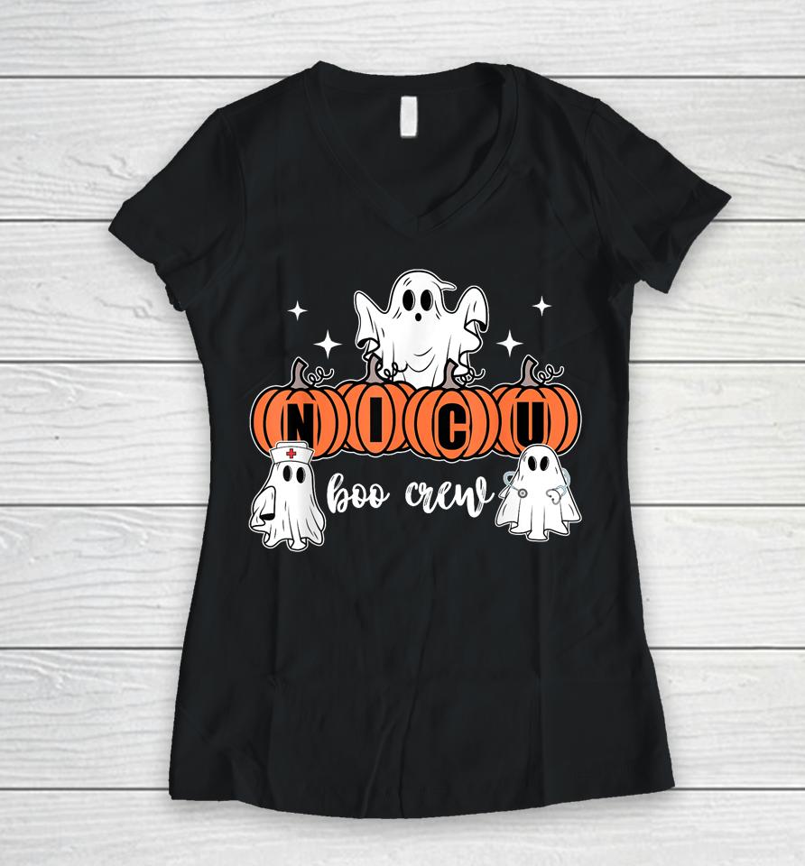 Nicu Nurse Boo Crew Nursing Halloween Cute Ghosts Pumpkins Women V-Neck T-Shirt