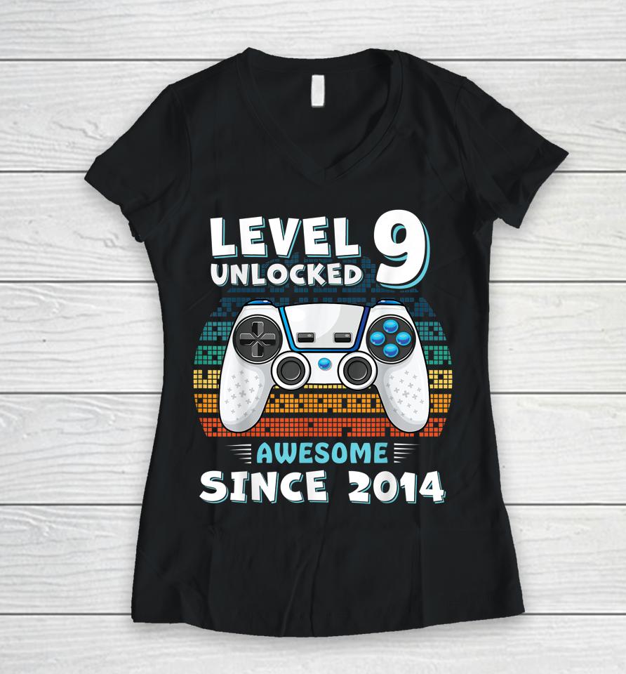 Nine 9Yr Bday Son Boy Funny Gamer 9Th 9 Year Old Birthday Women V-Neck T-Shirt