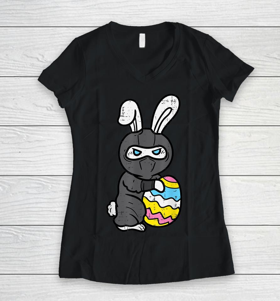 Ninja Bunny Rabbit Egg Cute Easter Day Boys Easter Women V-Neck T-Shirt