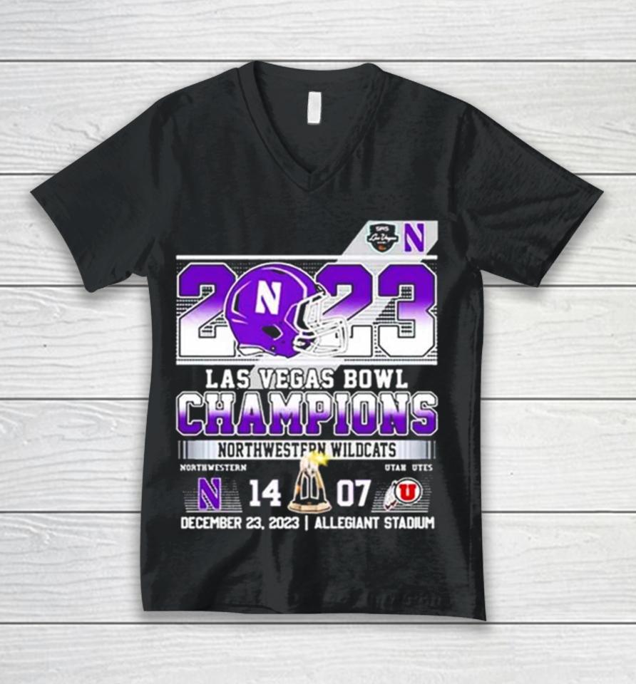 Northwestern Wildcats 2023 Las Vegas Bowl Champions 14 07 Unisex V-Neck T-Shirt