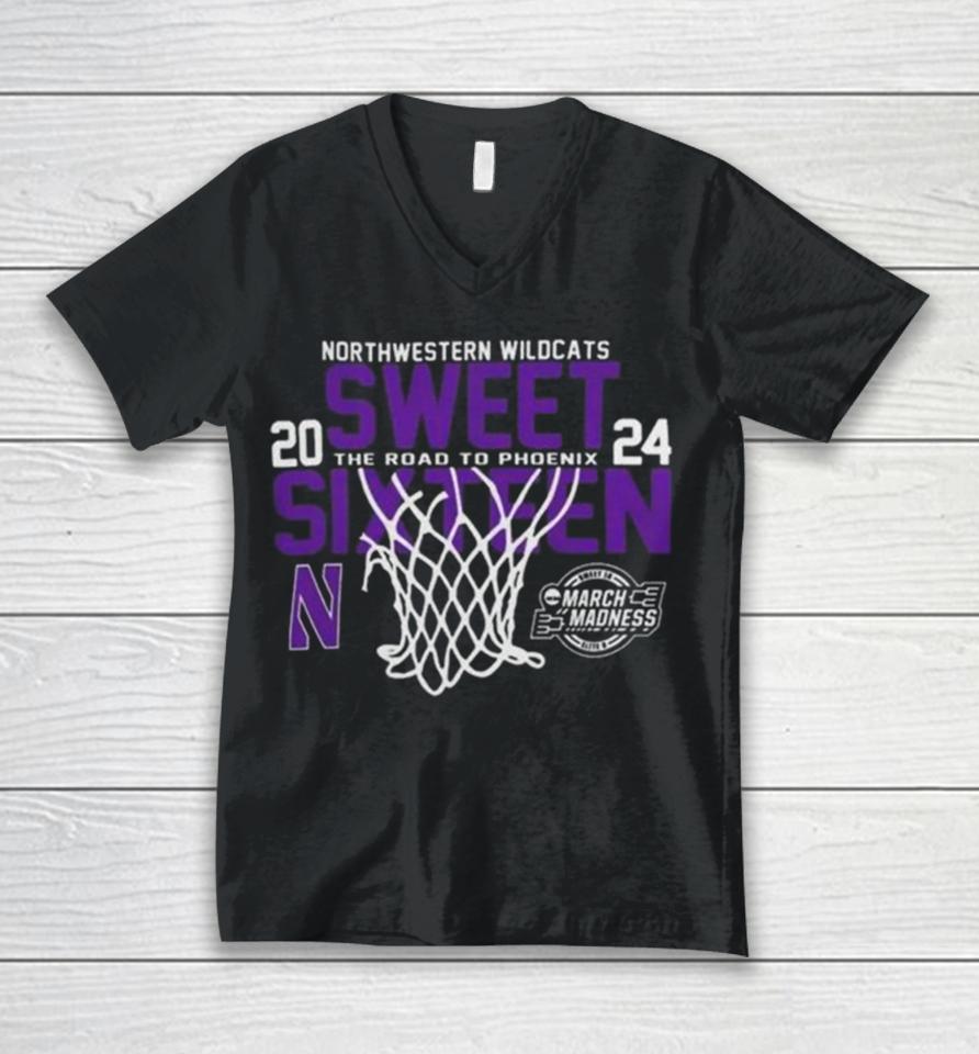 Northwestern Wildcats 2024 Sweet 16 The Road To Phoenix March Madness Unisex V-Neck T-Shirt