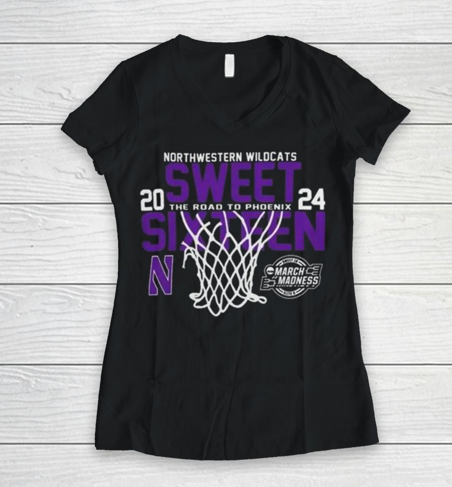 Northwestern Wildcats 2024 Sweet 16 The Road To Phoenix March Madness Women V-Neck T-Shirt