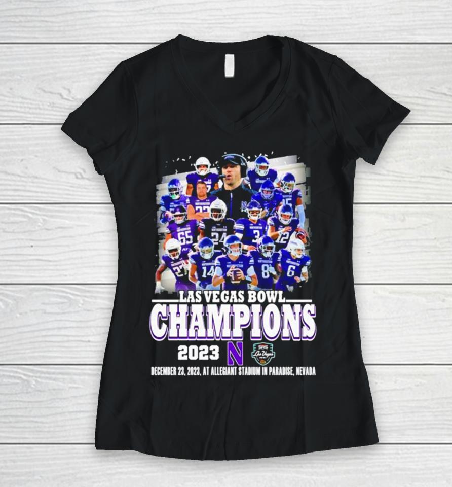 Northwestern Wildcats Football 2023 Las Vegas Bowl Champions Women V-Neck T-Shirt