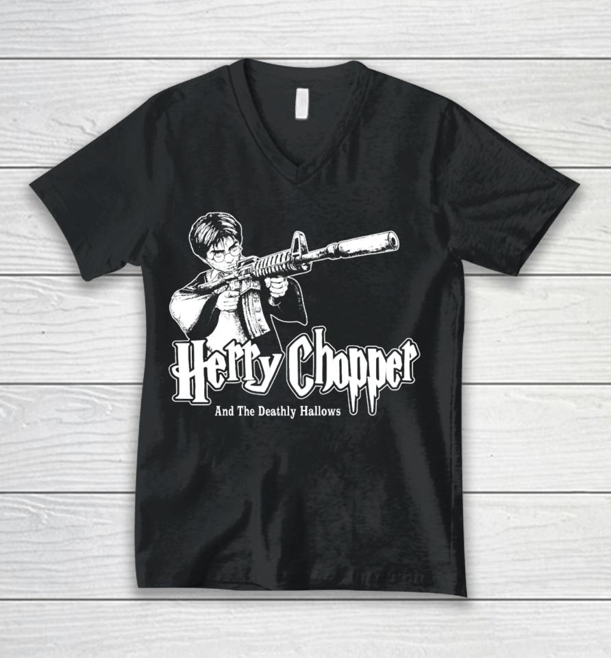 $Not Get Busy Or Die Studios Herry Chopper And The Deathly Hallows Unisex V-Neck T-Shirt