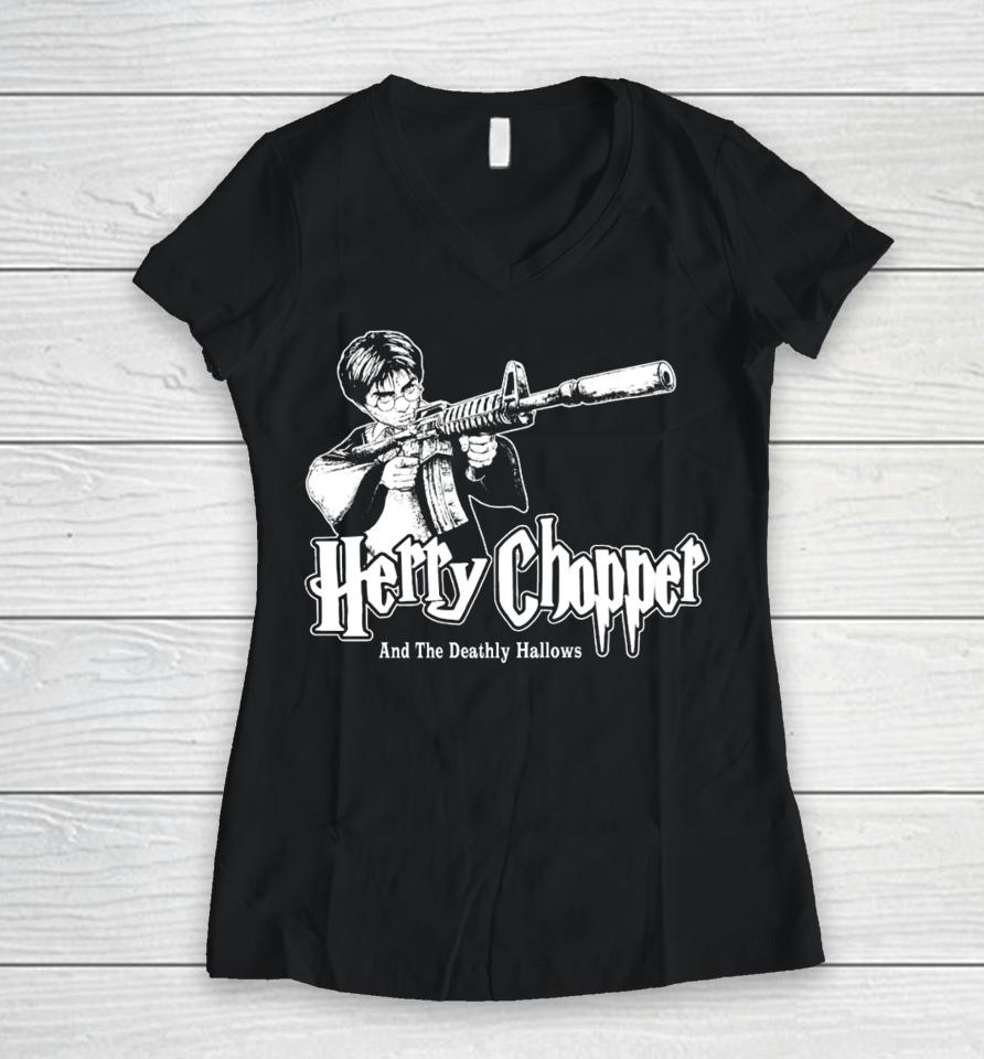 $Not Get Busy Or Die Studios Herry Chopper And The Deathly Hallows Women V-Neck T-Shirt