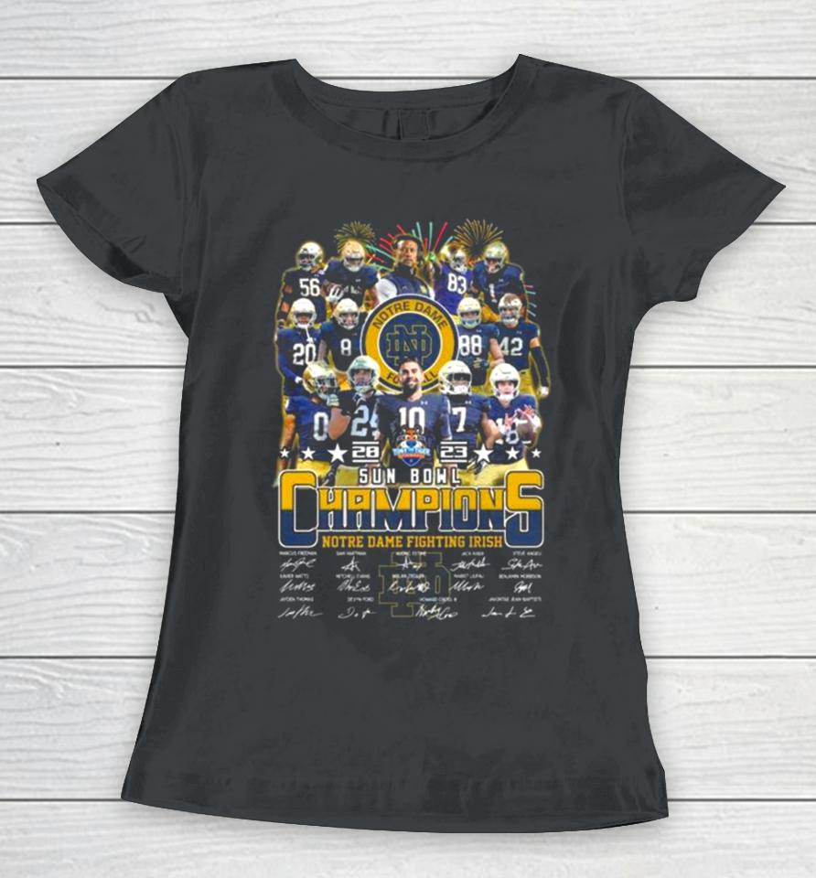 Notre Dame Fighting Irish Football 2023 Sun Bowl Champions Signatures Women T-Shirt