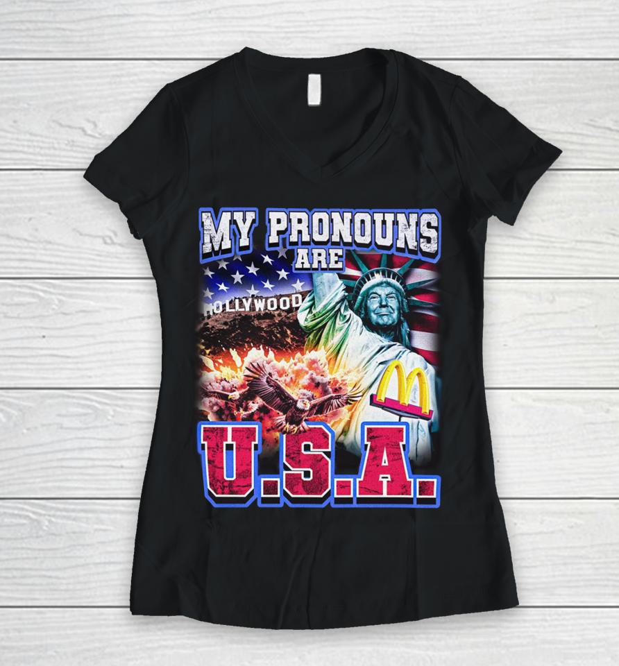 Notsafeforwear Store My Pronouns Are U.s.a. Women V-Neck T-Shirt