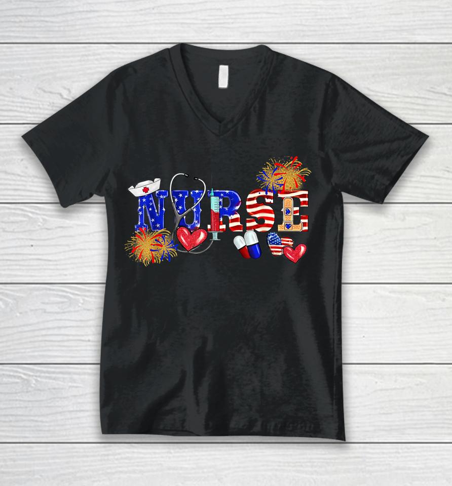 Nurse 4Th July Stethoscope Nurse Life Women Us Flag Firework Unisex V-Neck T-Shirt