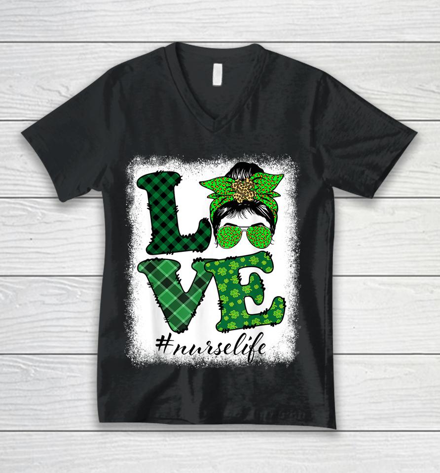 Nurse Life Messy Bun Love Leopard Shamrock St Patrick's Day Unisex V-Neck T-Shirt