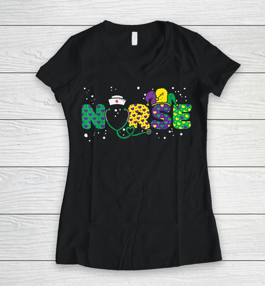 Nurse Mardi Gras Women V-Neck T-Shirt