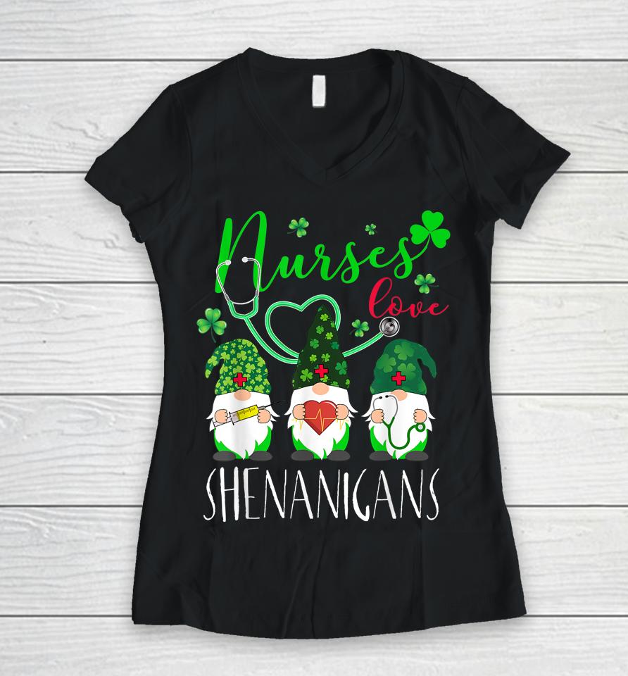 Nurses Love Shenanigans Gnomes Nurse St Patrick's Day Women V-Neck T-Shirt