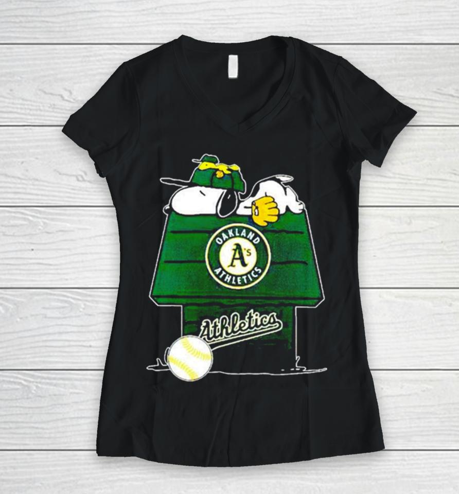 Oakland Athletics Snoopy And Woodstock The Peanuts Baseball Women V-Neck T-Shirt