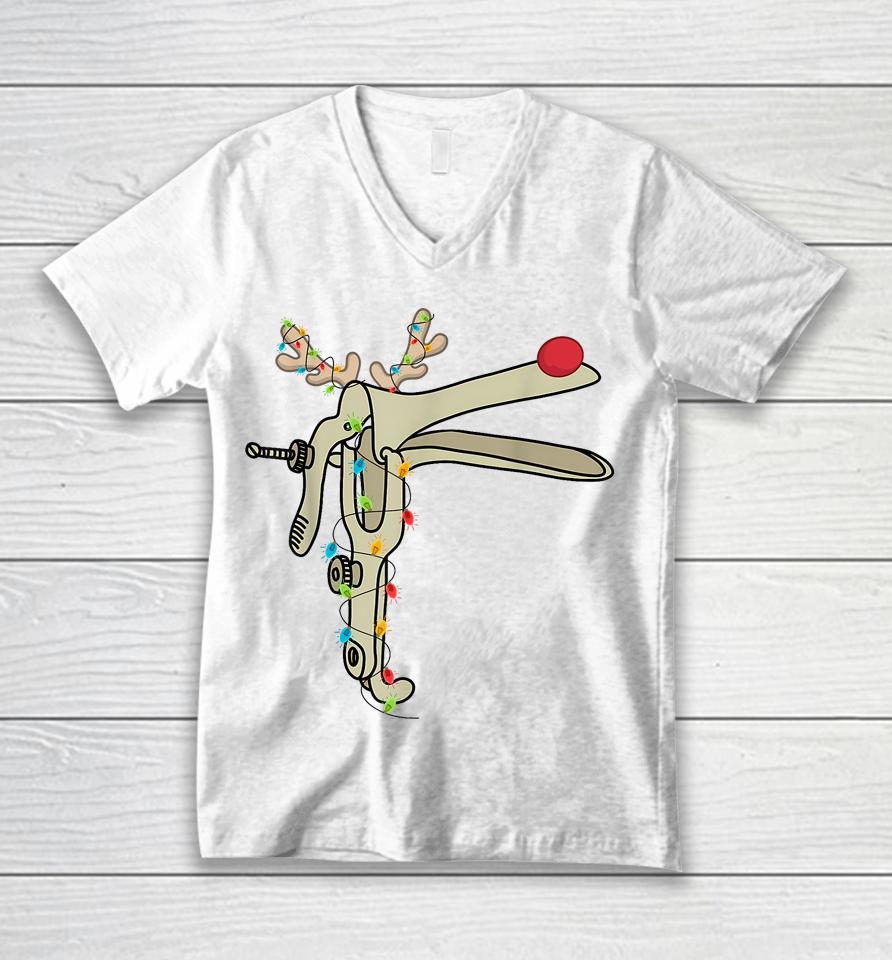 Obgyn Nurse Merry Christmas Reindeer Speculum Xmas Lights Unisex V-Neck T-Shirt