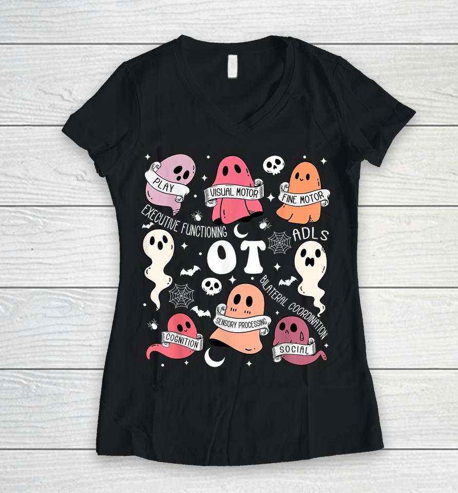 Occupational Therapy Ot Ota Halloween Spooky Cute Ghosts Women V-Neck T-Shirt