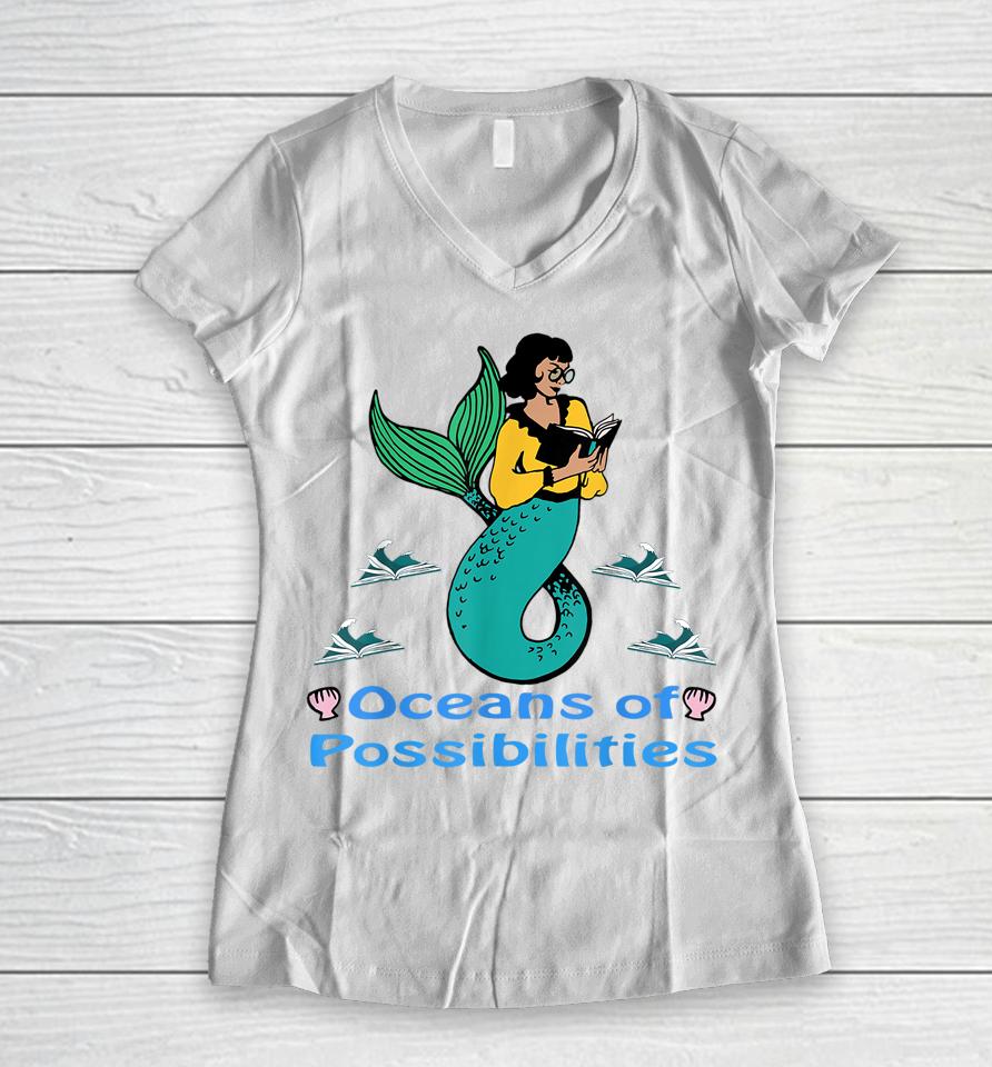 Oceans Of Possibilities Summer Reading Librarian Women V-Neck T-Shirt