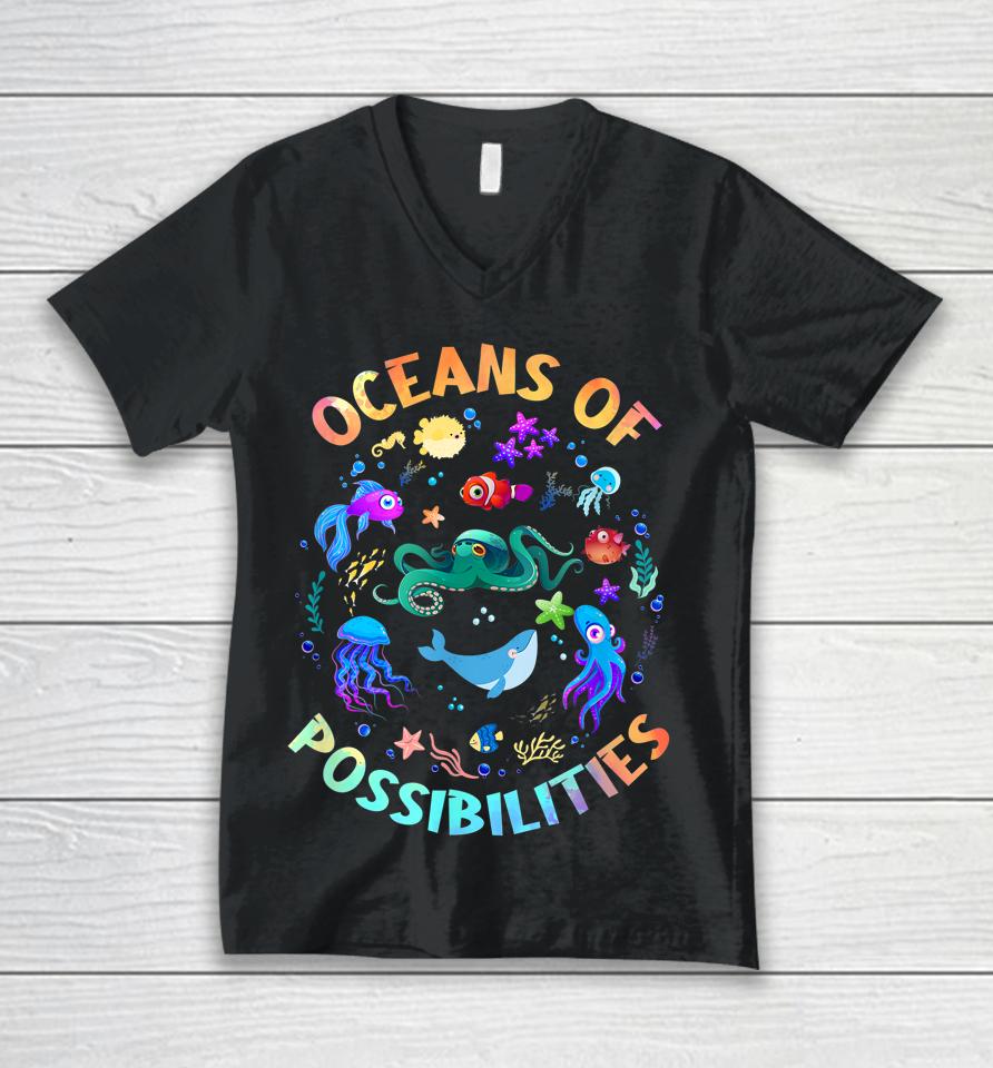 Oceans Of Possibilities Summer Reading Sea Creatures Unisex V-Neck T-Shirt