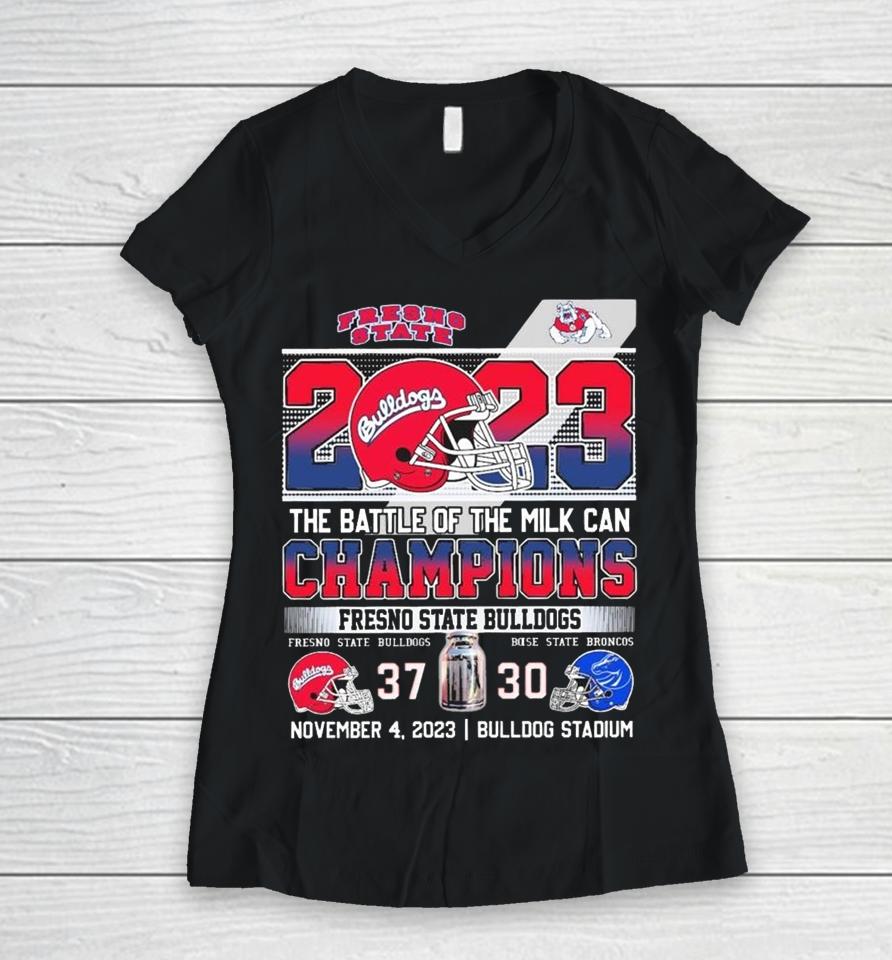 Official Fresno State Bulldogs 2023 The Battle Of The Milk Can Champions Score Women V-Neck T-Shirt