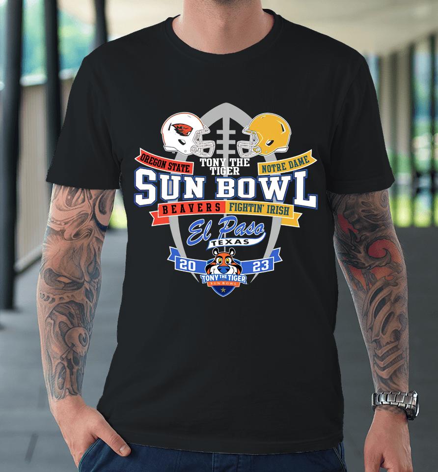 Official Oregon State Beavers Vs Notre Dame Fighting Irish Blue 84 Unisex 2023 Tony The Tiger Sun Bowl Head To Head Helmet Premium T-Shirt