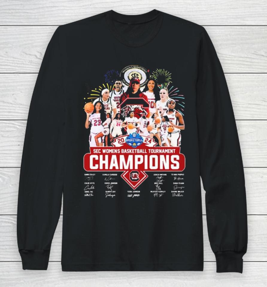 Official South Carolina Gamecocks 2024 Sec Women’s Basketball Tournament Champions Signatures Long Sleeve T-Shirt
