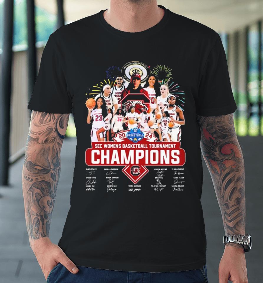 Official South Carolina Gamecocks 2024 Sec Women’s Basketball Tournament Champions Signatures Premium T-Shirt