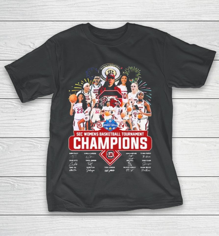 Official South Carolina Gamecocks 2024 Sec Women’s Basketball Tournament Champions Signatures T-Shirt