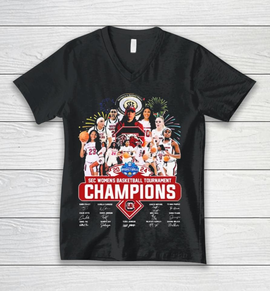 Official South Carolina Gamecocks 2024 Sec Women’s Basketball Tournament Champions Signatures Unisex V-Neck T-Shirt