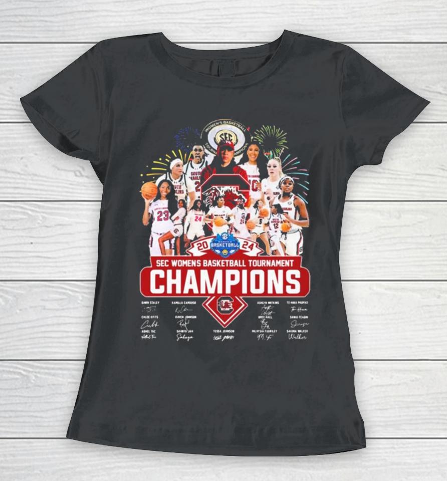 Official South Carolina Gamecocks 2024 Sec Women’s Basketball Tournament Champions Signatures Women T-Shirt