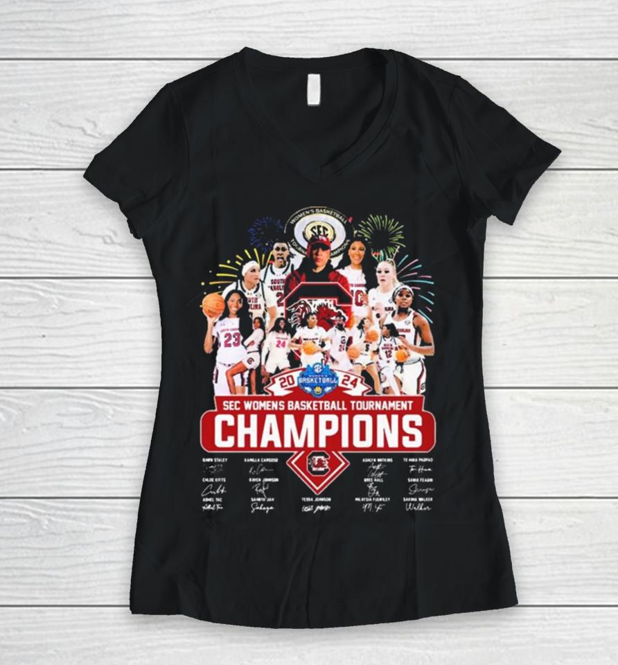 Official South Carolina Gamecocks 2024 Sec Women’s Basketball Tournament Champions Signatures Women V-Neck T-Shirt
