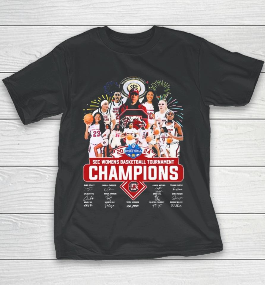 Official South Carolina Gamecocks 2024 Sec Women’s Basketball Tournament Champions Signatures Youth T-Shirt