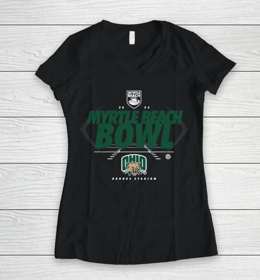 Ohio Bobcats 2023 Myrtle Beach Bowl Brooks Stadium Women V-Neck T-Shirt