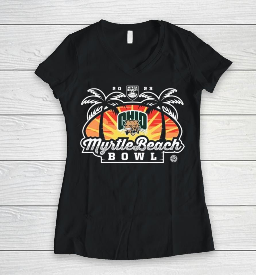 Ohio Bobcats Football 2023 Myrtle Beach Bowl Matchup Women V-Neck T-Shirt