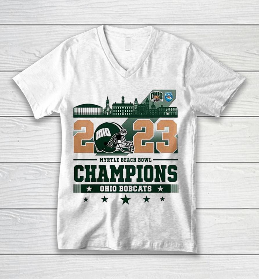 Ohio Bobcats Football 2023 White Design Myrtle Beach Bowl Champions Unisex V-Neck T-Shirt