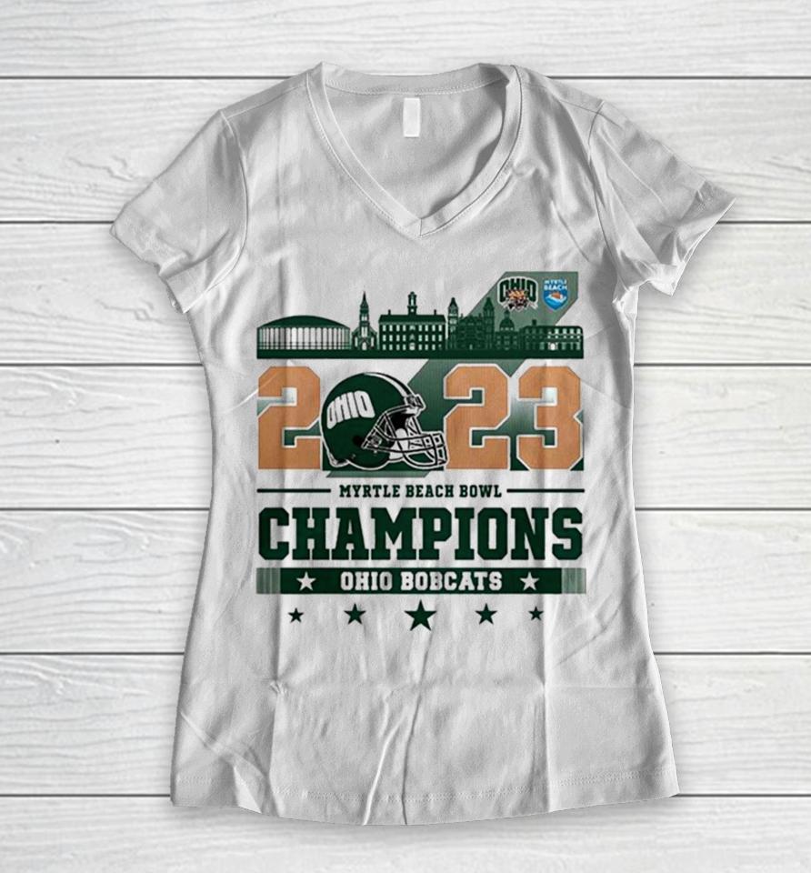 Ohio Bobcats Football 2023 White Design Myrtle Beach Bowl Champions Women V-Neck T-Shirt