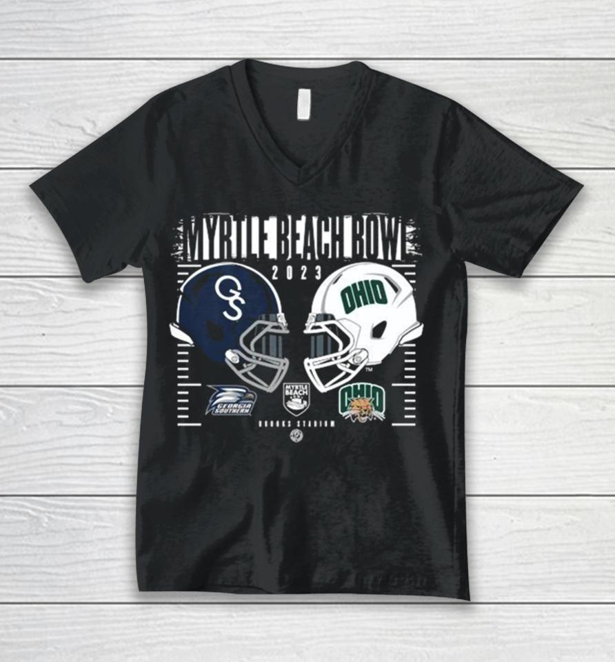 Ohio Bobcats Vs Georgia Southern 2023 Myrtle Beach Bowl Dueling Helmets Unisex V-Neck T-Shirt