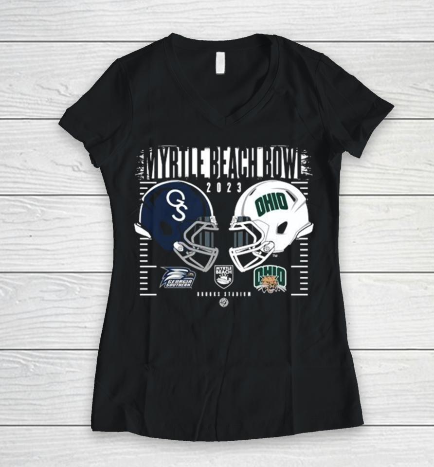 Ohio Bobcats Vs Georgia Southern 2023 Myrtle Beach Bowl Dueling Helmets Women V-Neck T-Shirt
