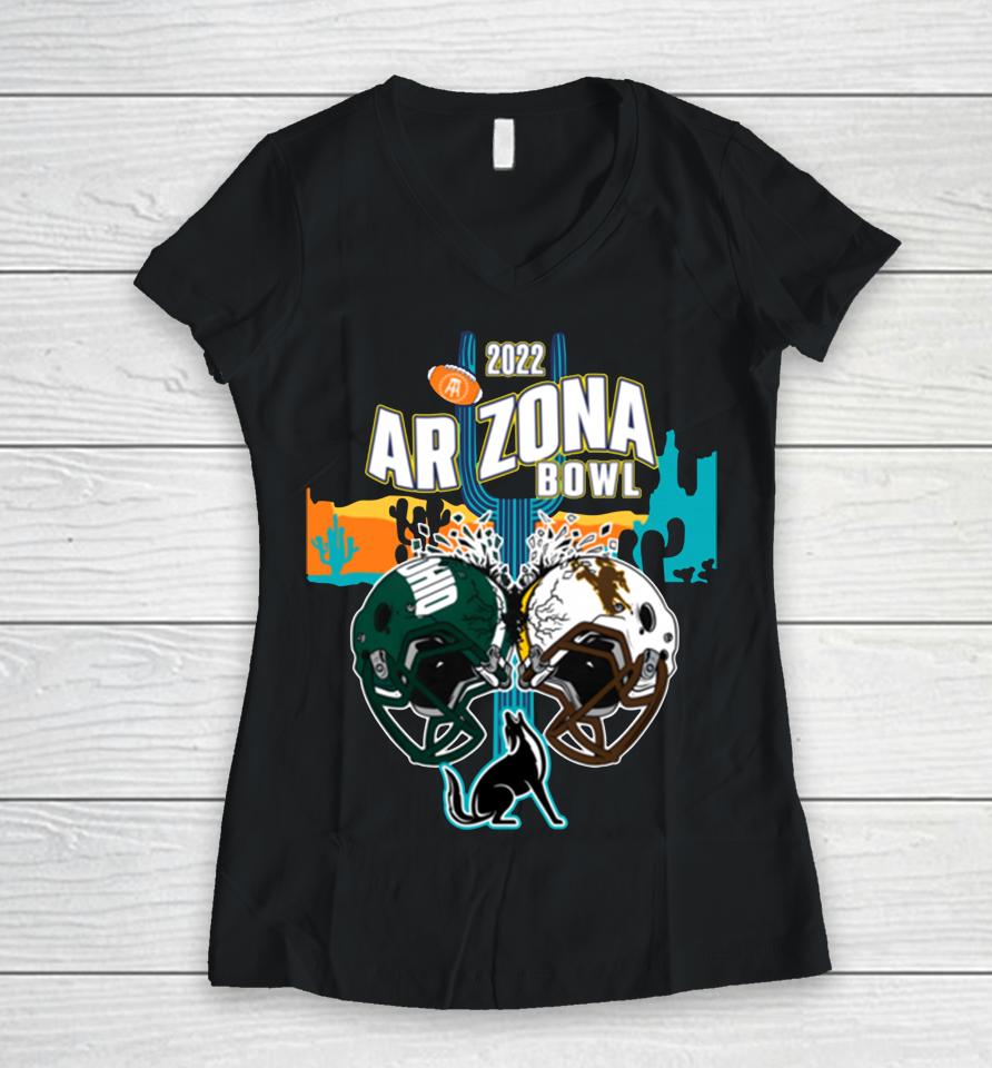 Ohio Bobcats Vs Wyoming Cowboys 2022 Arizona Bowl Helmets Women V-Neck T-Shirt