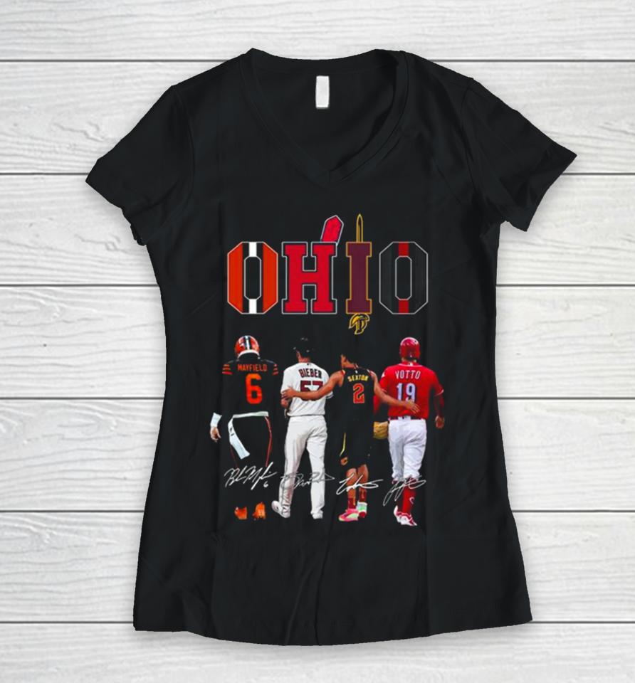 Ohio Sport Cleveland Browns Cincinnati Reds Cincinnati Bengals Cleveland Cavaliers Signatures 2023 Women V-Neck T-Shirt