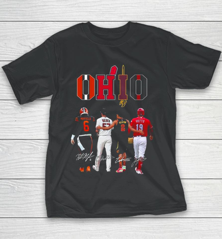Ohio Sport Cleveland Browns Cincinnati Reds Cincinnati Bengals Cleveland Cavaliers Signatures 2023 Youth T-Shirt