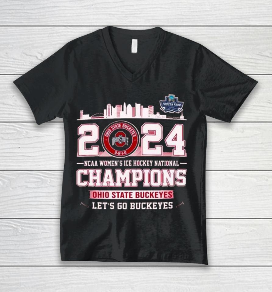 Ohio State Buckeyes City Skyline 2024 Ncaa Women’s Ice Hockey National Champions Let’s Go Buckeyes Unisex V-Neck T-Shirt