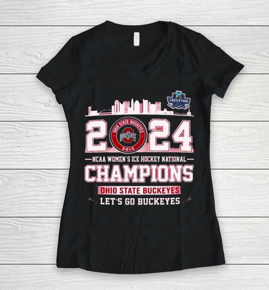 Ohio State Buckeyes City Skyline 2024 Ncaa Women’s Ice Hockey National Champions Let’s Go Buckeyes Women V-Neck T-Shirt