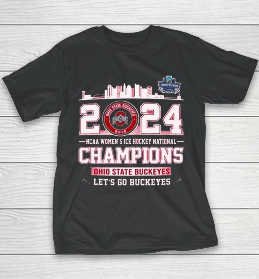 Ohio State Buckeyes City Skyline 2024 Ncaa Women’s Ice Hockey National Champions Let’s Go Buckeyes Youth T-Shirt