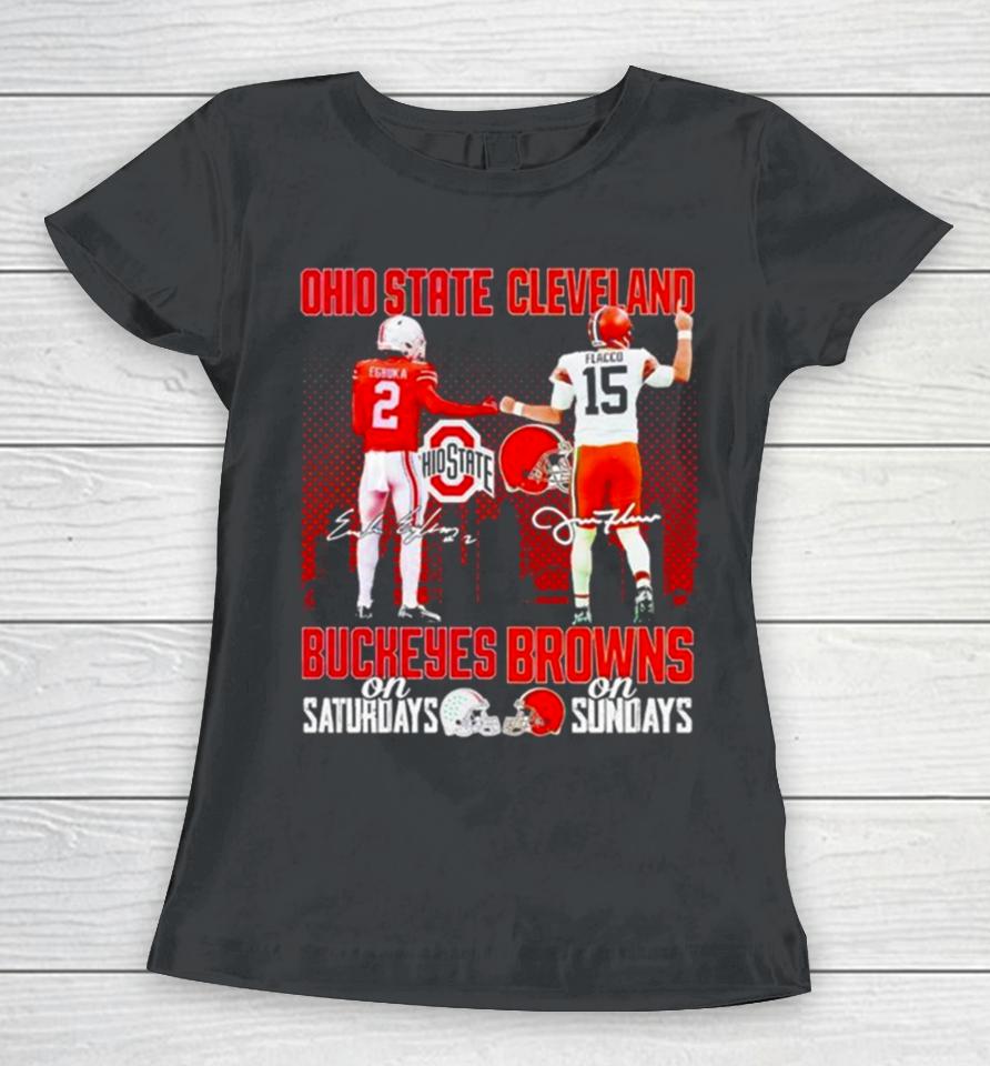 Ohio State Buckeyes Egbuka On Saturdays Cleveland Browns Flacco On Sundays Signatures Women T-Shirt