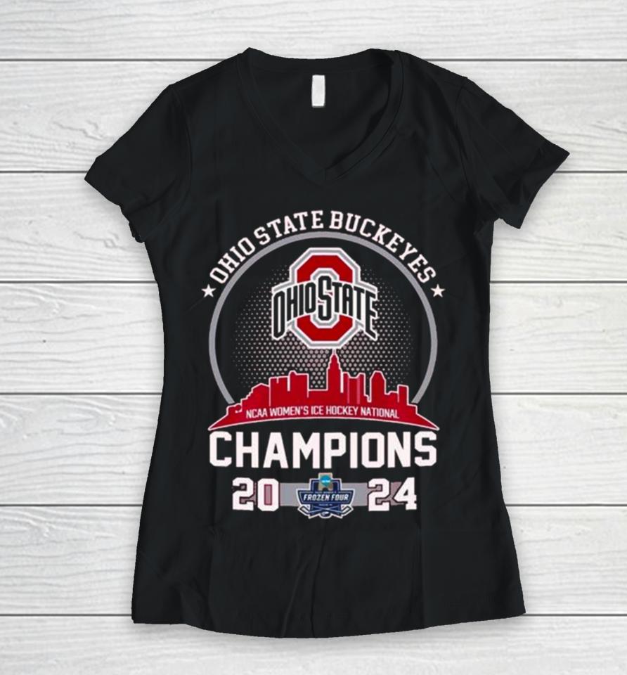 Ohio State Buckeyes Skyline 2024 Ncaa Women’s Ice Hockey National Champions Women V-Neck T-Shirt