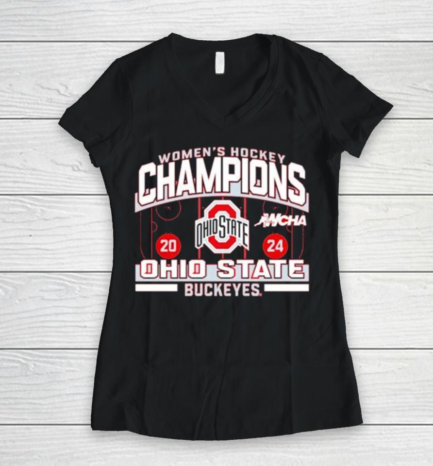 Ohio State Buckeyes Women’s Hockey Wcha 2024 Season Champions Women V-Neck T-Shirt